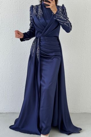 Pelerin Detaylı Taş İşlemeli Saten Tesettür Abiye Lacivert