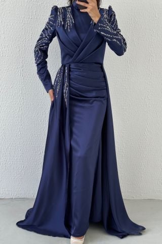Pelerin Detaylı Taş İşlemeli Saten Tesettür Abiye Lacivert