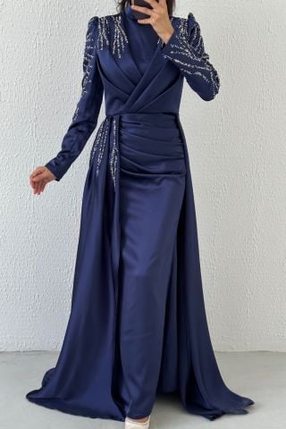 Pelerin Detaylı Taş İşlemeli Saten Tesettür Abiye Lacivert