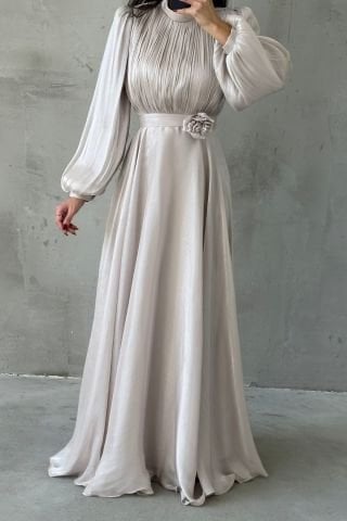 Modern Tasarım Broş Detaylı Tesettür Abiye Taş