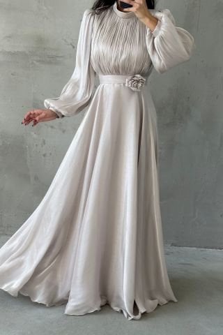 Modern Tasarım Broş Detaylı Tesettür Abiye Taş