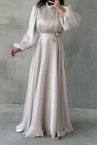 Modern Tasarım Broş Detaylı Tesettür Abiye Taş