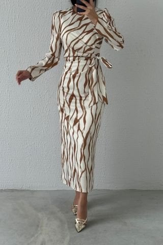 Satin Hijab Evening Dress Brown, Embellished with Dreamy Patterns