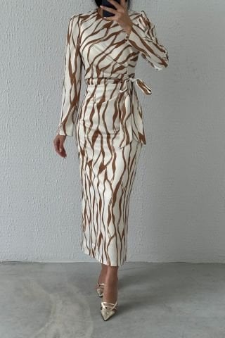 Satin Hijab Evening Dress Brown, Embellished with Dreamy Patterns