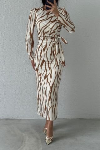Satin Hijab Evening Dress Brown, Embellished with Dreamy Patterns