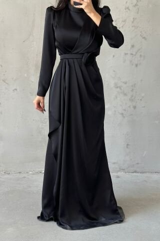 Gül Zarafetli Saten Tesettür Abiye Siyah