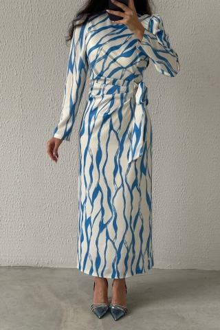 Satin Hijab Evening Dress Indigo Embellished with Dreamy Patterns