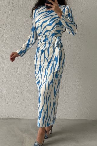 Satin Hijab Evening Dress Indigo Embellished with Dreamy Patterns