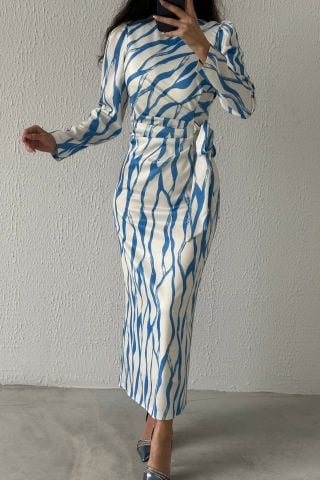 Satin Hijab Evening Dress Indigo Embellished with Dreamy Patterns