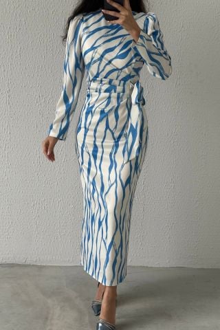 Satin Hijab Evening Dress Indigo Embellished with Dreamy Patterns