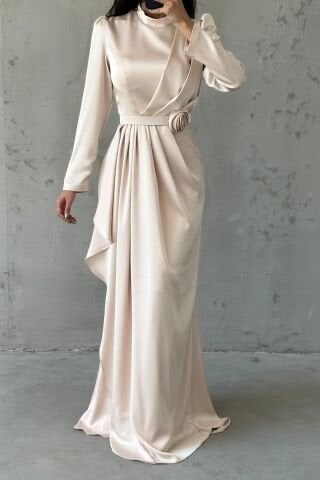 Gül Zarafetli Saten Tesettür Abiye Taş