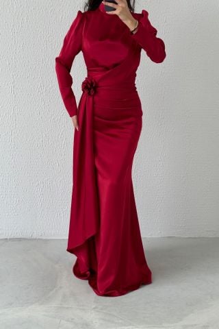 Belden Şık Detaylı Saten Tesettür Abiye Bordo