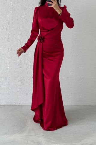 Belden Şık Detaylı Saten Tesettür Abiye Bordo