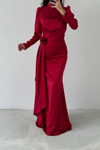 Belden Şık Detaylı Saten Tesettür Abiye Bordo