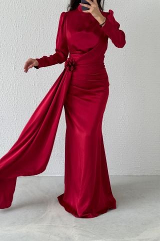 Belden Şık Detaylı Saten Tesettür Abiye Bordo