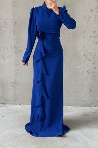 Önü Fırfırlı Gül Broşlu Krep Tesettür Abiye Saks Mavisi