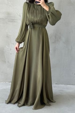 Modern Tasarım Broş Detaylı Tesettür Abiye Haki