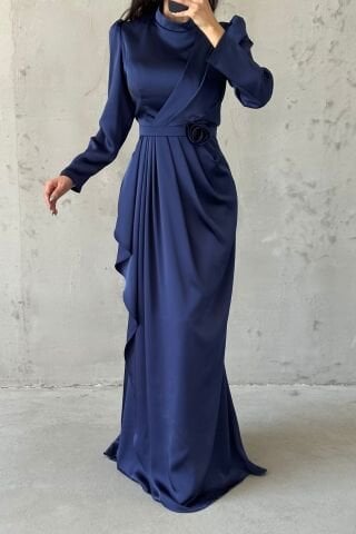 Gül Zarafetli Saten Tesettür Abiye Lacivert