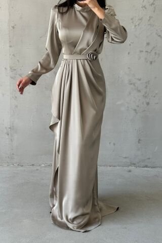 Gül Zarafetli Saten Tesettür Abiye Vizon