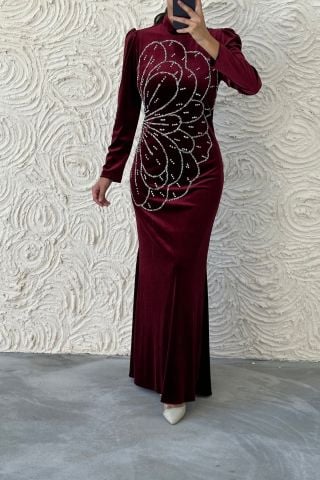 Unique Stone Embroidered Velvet Hijab Evening Dress Burgundy