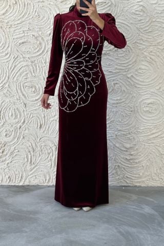 Unique Stone Embroidered Velvet Hijab Evening Dress Burgundy