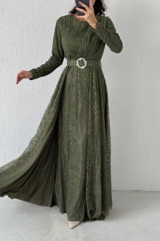 Flashy Cape Model Glittered Hijab Evening Dress Khaki