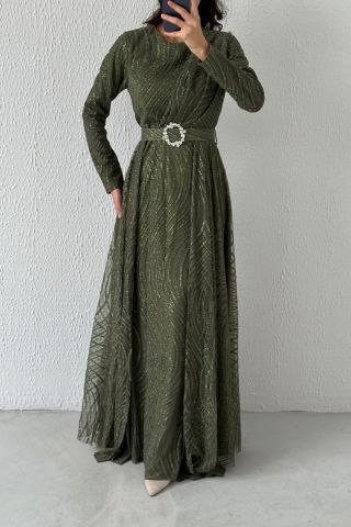 فستان سهرة حجاب لامع موديل كيب لامع كاكي