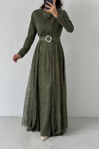 فستان سهرة حجاب لامع موديل كيب لامع كاكي