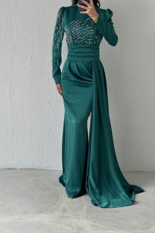 Pırıltılı Kuyruklu Saten Tesettür Abiye Zümrüt Yeşili