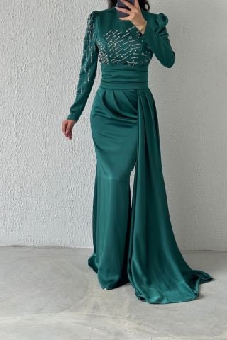 Pırıltılı Kuyruklu Saten Tesettür Abiye Zümrüt Yeşili