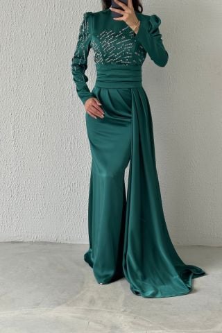 Pırıltılı Kuyruklu Saten Tesettür Abiye Zümrüt Yeşili