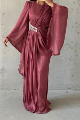 Işıltılı Kol Detaylı Janjan Tesettür Abiye Kiremit