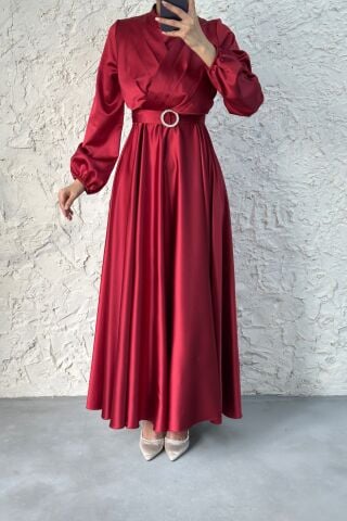 Üstü Kat Detaylı Saten Tesettür Abiye Bordo
