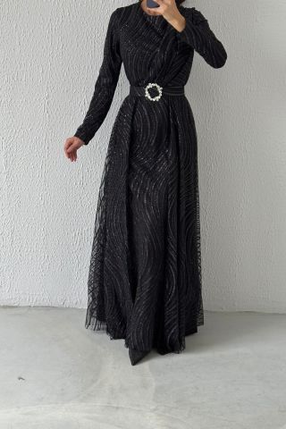 Gösterişli Pelerin Model Simli Tesettür Abiye Siyah