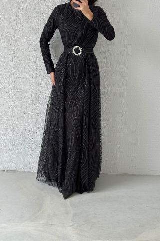 Gösterişli Pelerin Model Simli Tesettür Abiye Siyah