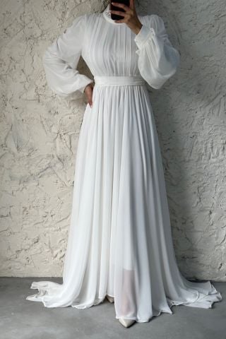 Short in Front, Long in Back Chiffon Hijab Evening Dress Ecru