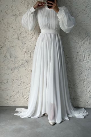 Önü Kısa Arkası Uzun Şifon Tesettür Abiye Ekru