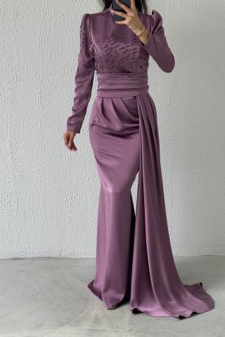 ذيل لامع من الساتان فستان سهرة للحجاب أرجواني