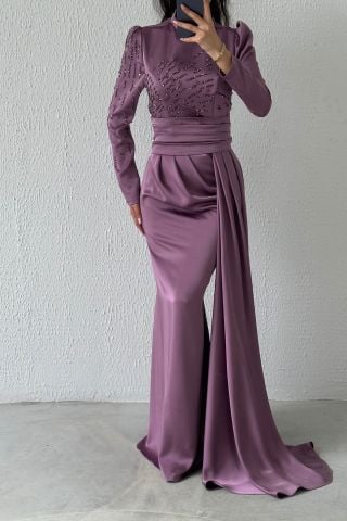 Pırıltılı Kuyruklu Saten Tesettür Abiye Lila