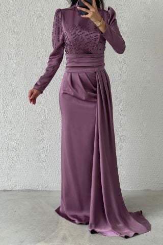 Pırıltılı Kuyruklu Saten Tesettür Abiye Lila