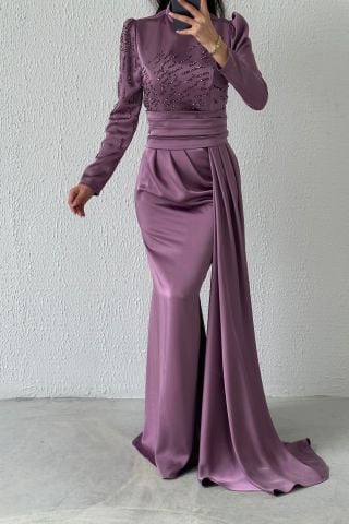 Pırıltılı Kuyruklu Saten Tesettür Abiye Lila