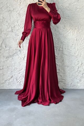 Büyüleyici Saten Kuşaklı Tesettür Abiye-Bordo