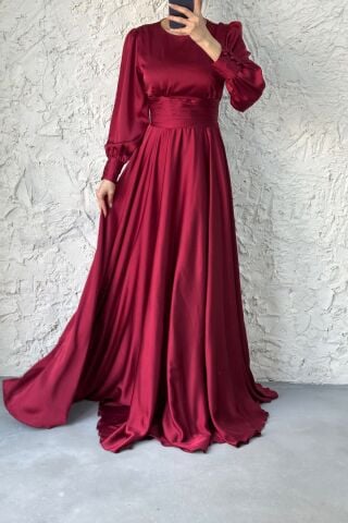 Büyüleyici Saten Kuşaklı Tesettür Abiye-Bordo