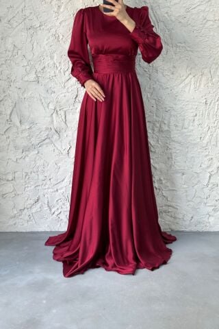 Büyüleyici Saten Kuşaklı Tesettür Abiye-Bordo