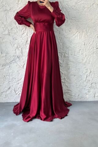Büyüleyici Saten Kuşaklı Tesettür Abiye-Bordo