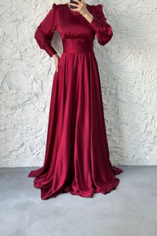 Büyüleyici Saten Kuşaklı Tesettür Abiye-Bordo