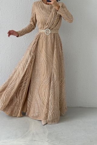 Flashy Cape Model Silvery Hijab Evening Dress Stone