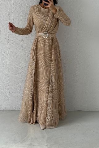 Flashy Cape Model Silvery Hijab Evening Dress Stone