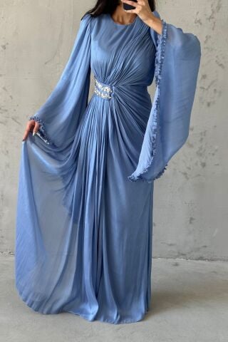 Işıltılı Kol Detaylı Janjan Tesettür Abiye İndigo