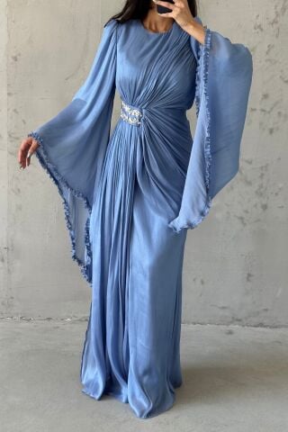 Işıltılı Kol Detaylı Janjan Tesettür Abiye İndigo